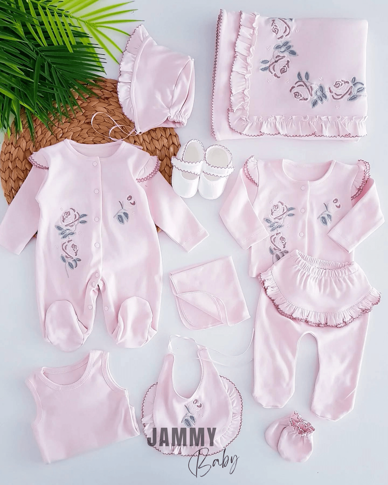 Fırfırella Nakışlı 10 Parça Hastane Çıkış Seti-PEMBE