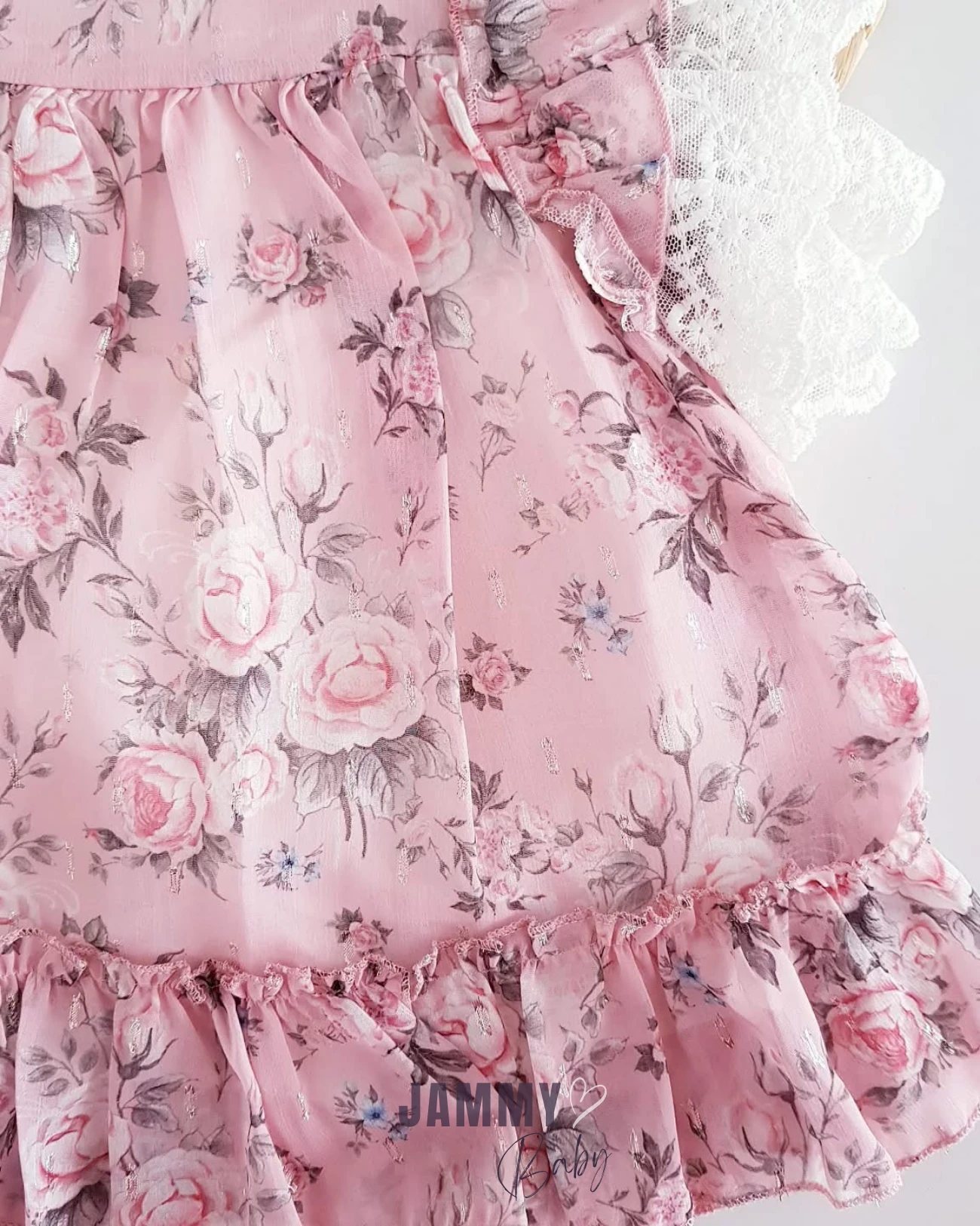 Gül Desenli Şifon Dantel Kol Detaylı Elbise-PEMBE