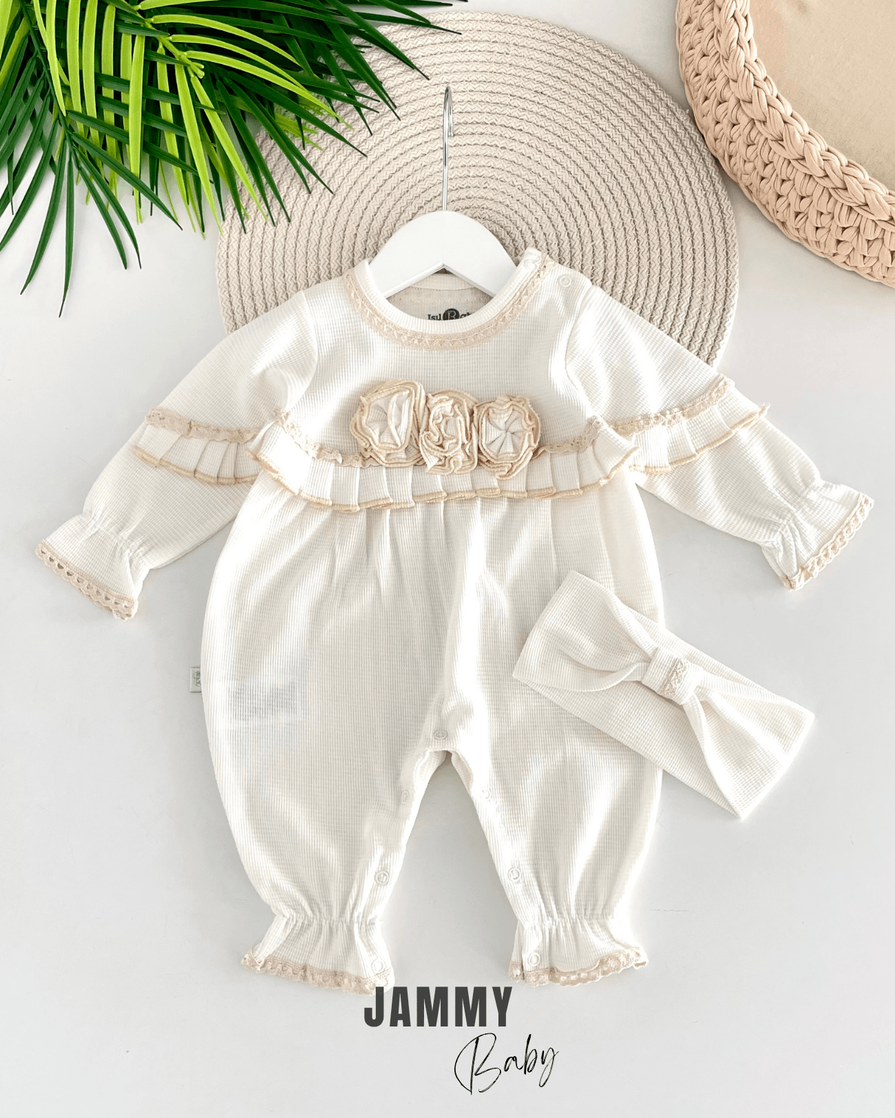 Gül Detaylı Waffle Bandanalı Tulum Set-EKRU
