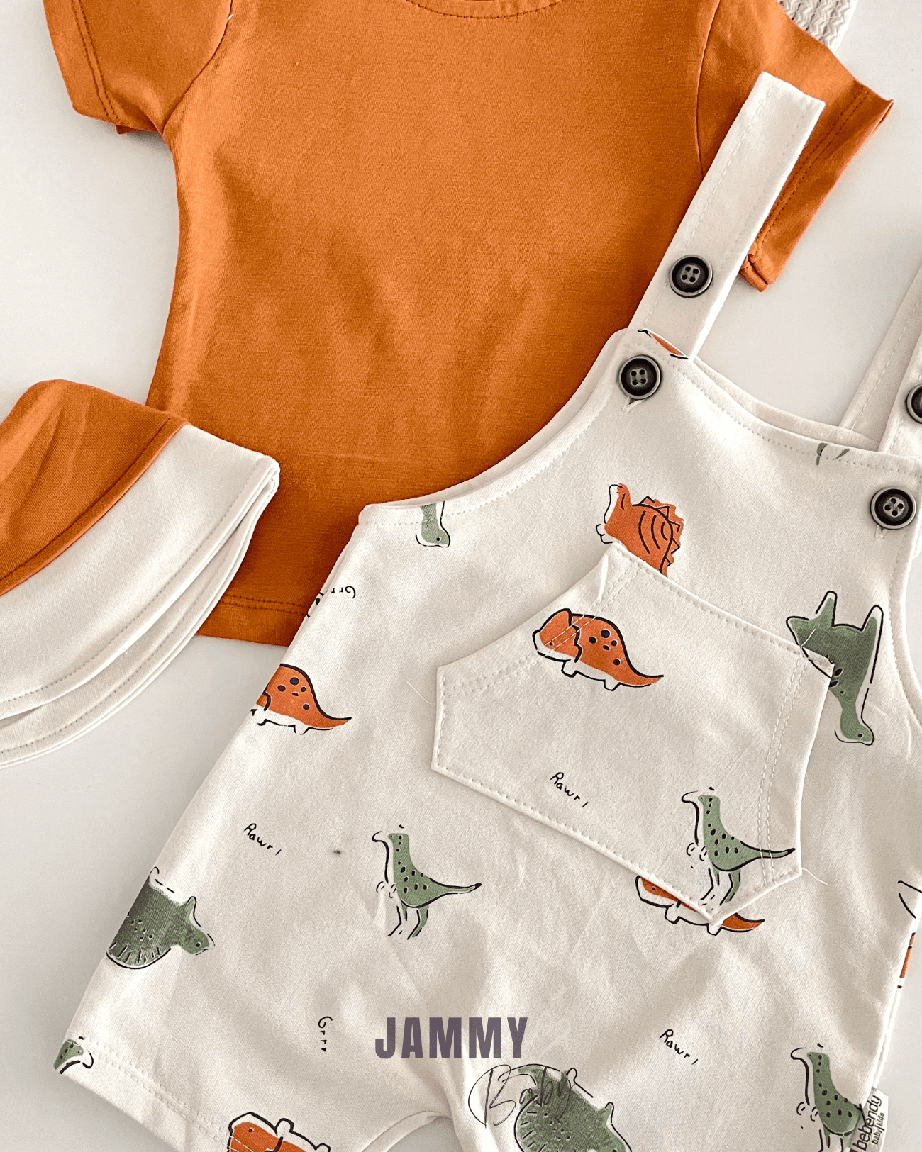 Dino Bucket Şapkalı Salopet / Body Set- KİREMİT KAHVE