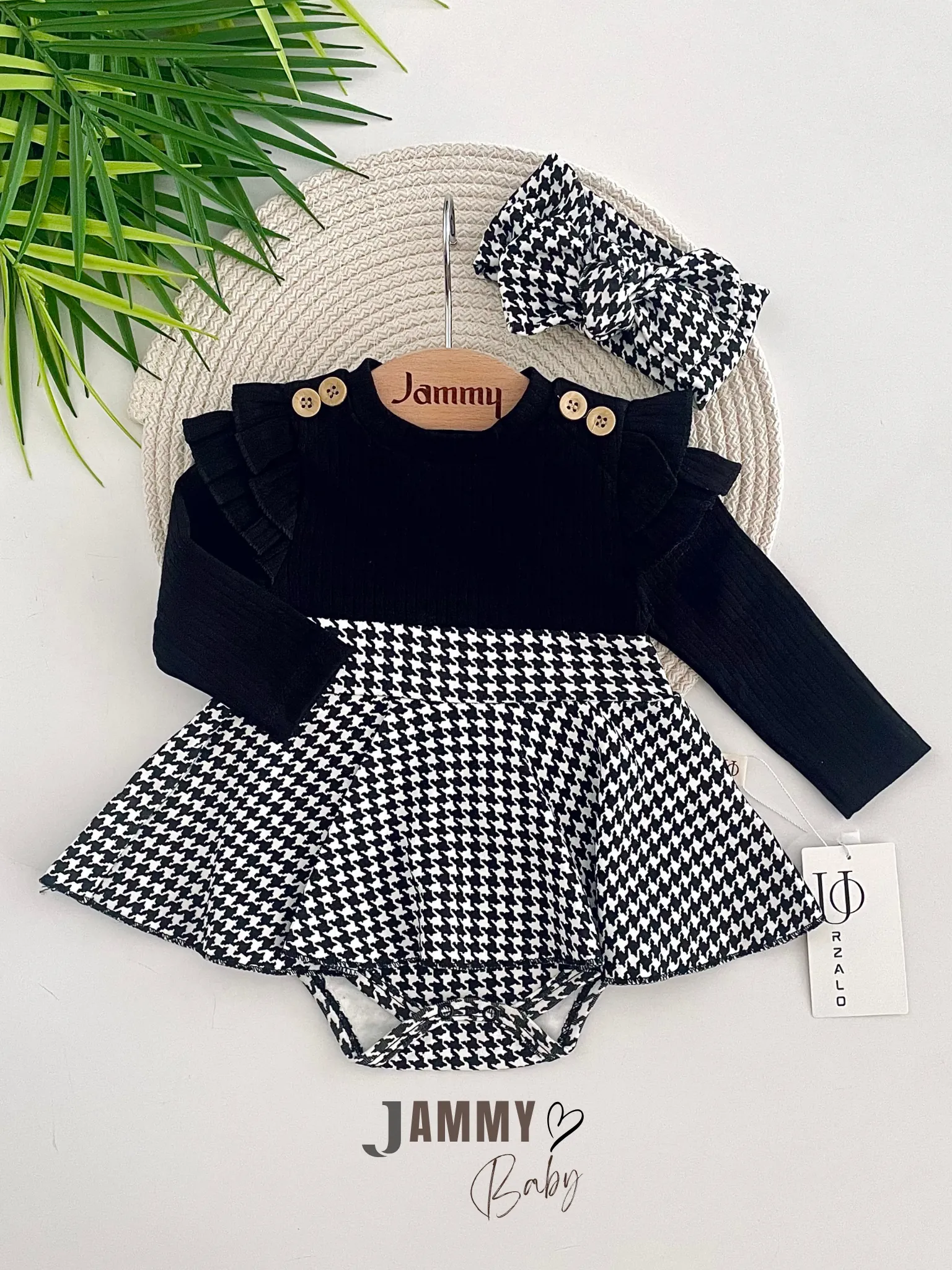 Kazayağı Desen Omuz Fırfırlı Bandanalı Bodysuit Elbise Set-SİYAH