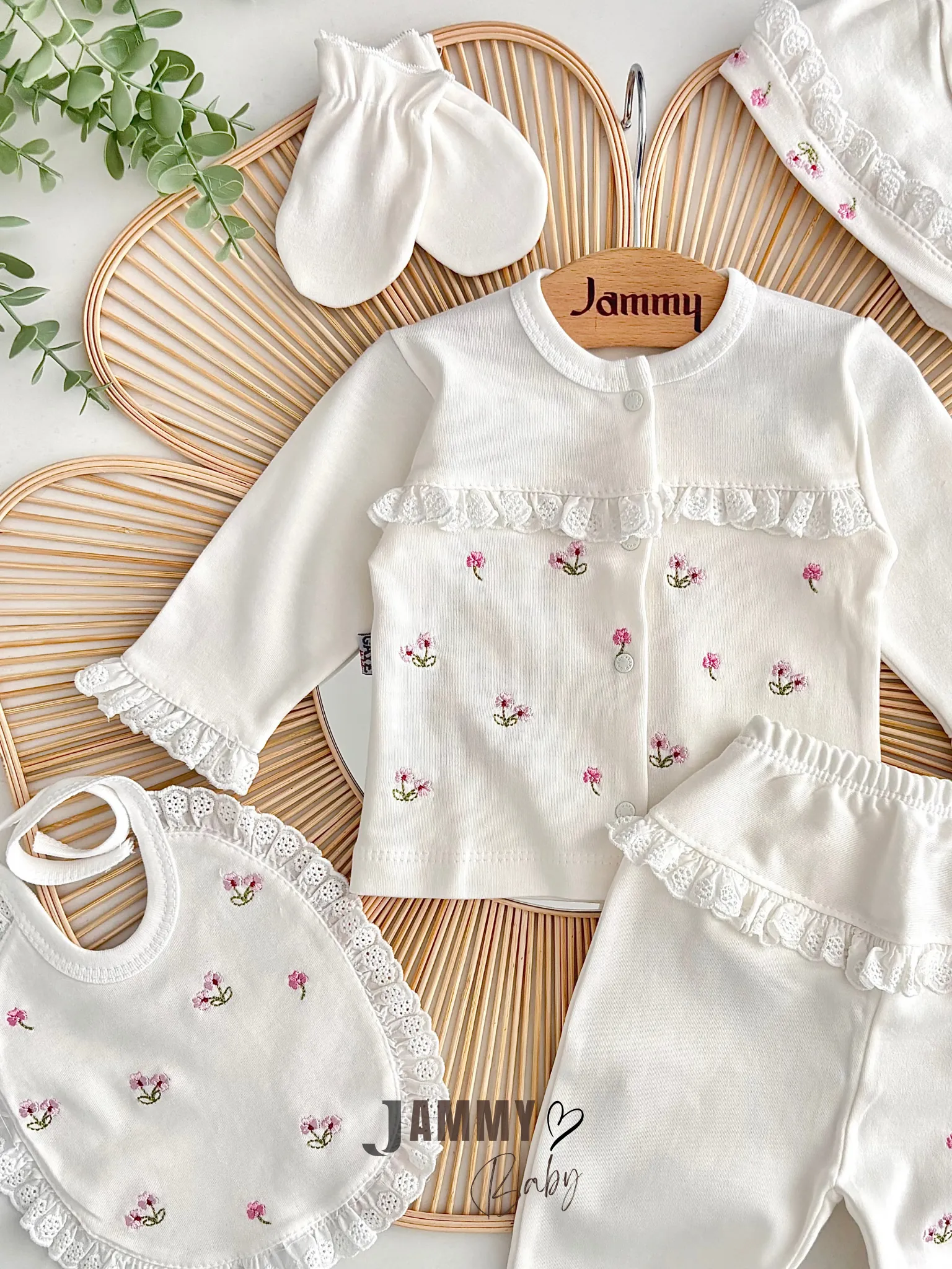 Çıtır Çiçek Nakışlı 5 Parça Yenidoğan Set-BEYAZ