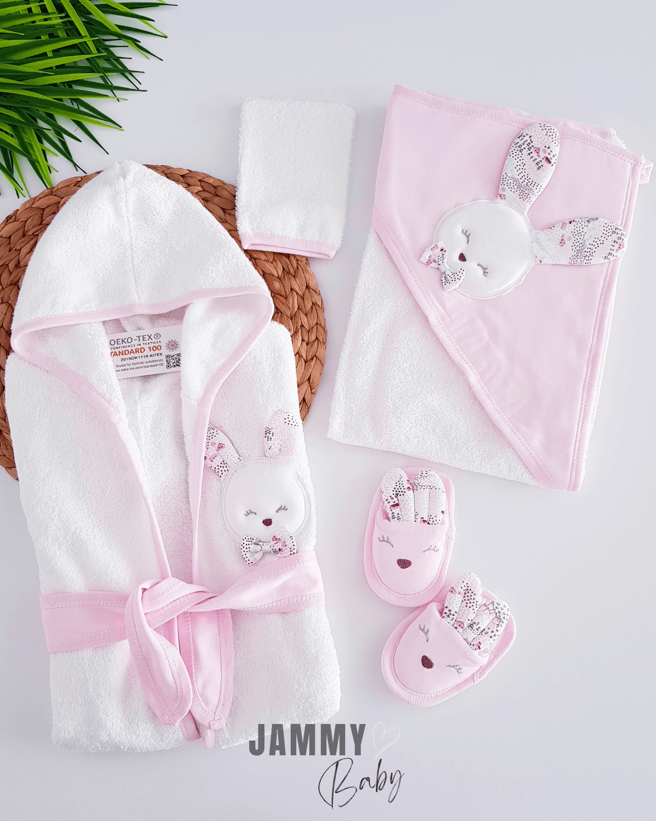 Papyonlu Tavşan 4 Parça Bornoz Set-PEMBE