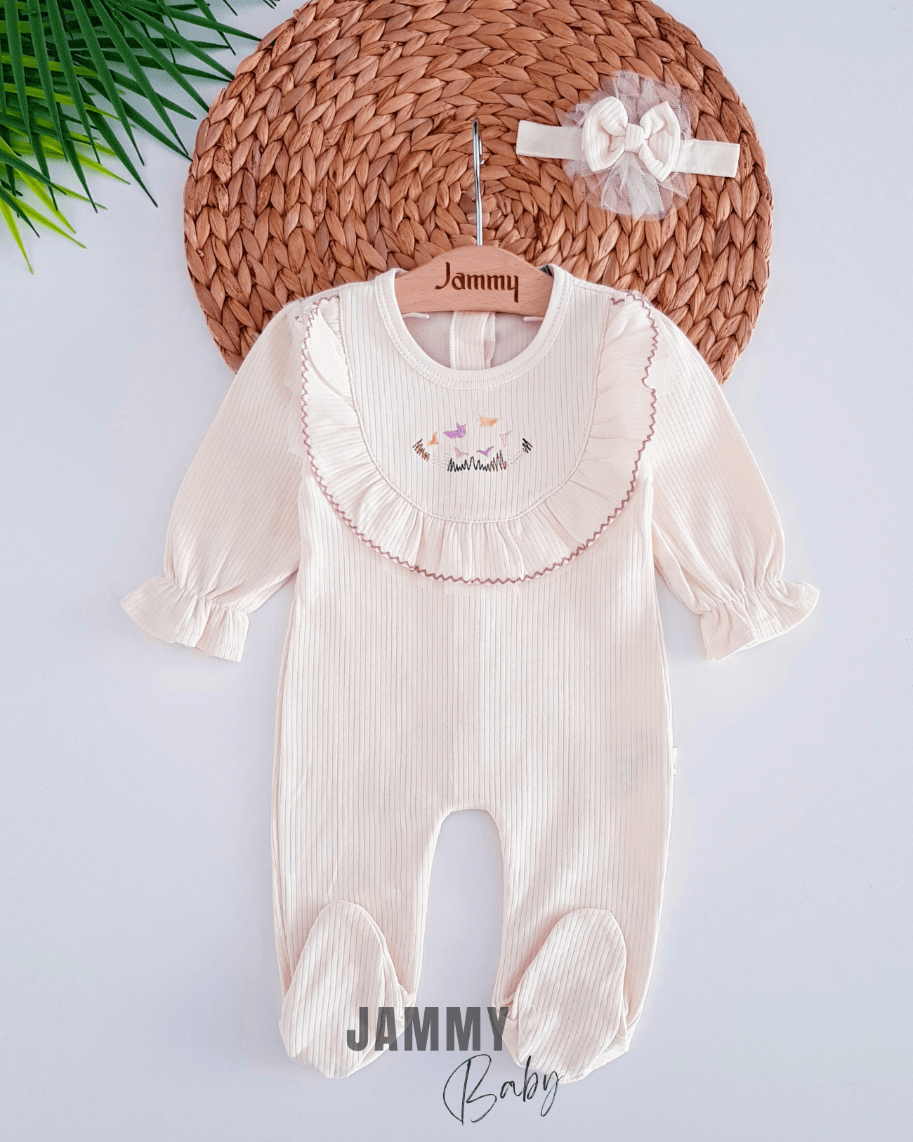 Kuş İşlemeli Bandanalı Tulum Set-KREM