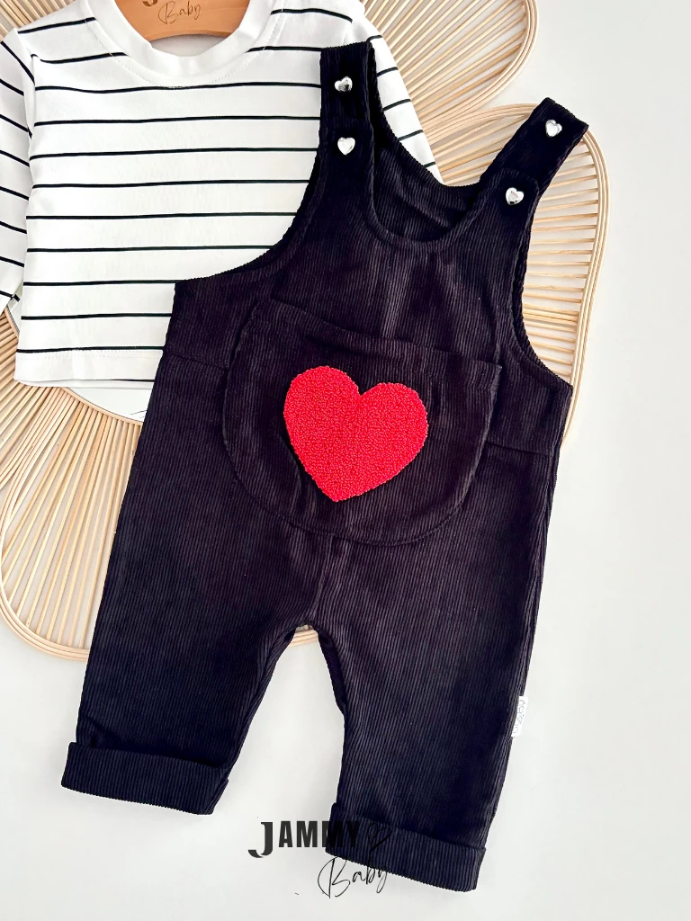 Big Hearts Punch İşlemeli Kadife Salopet / Body Set-SİYAH
