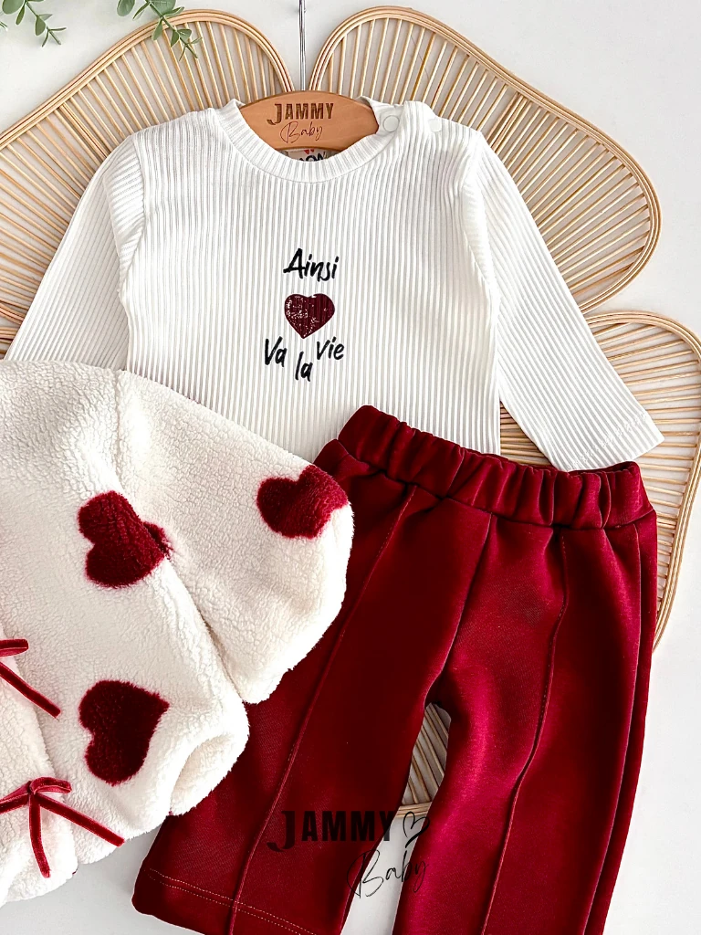 Elsa Kalpli Peluş Ceketli 3'lü Takım-BORDO