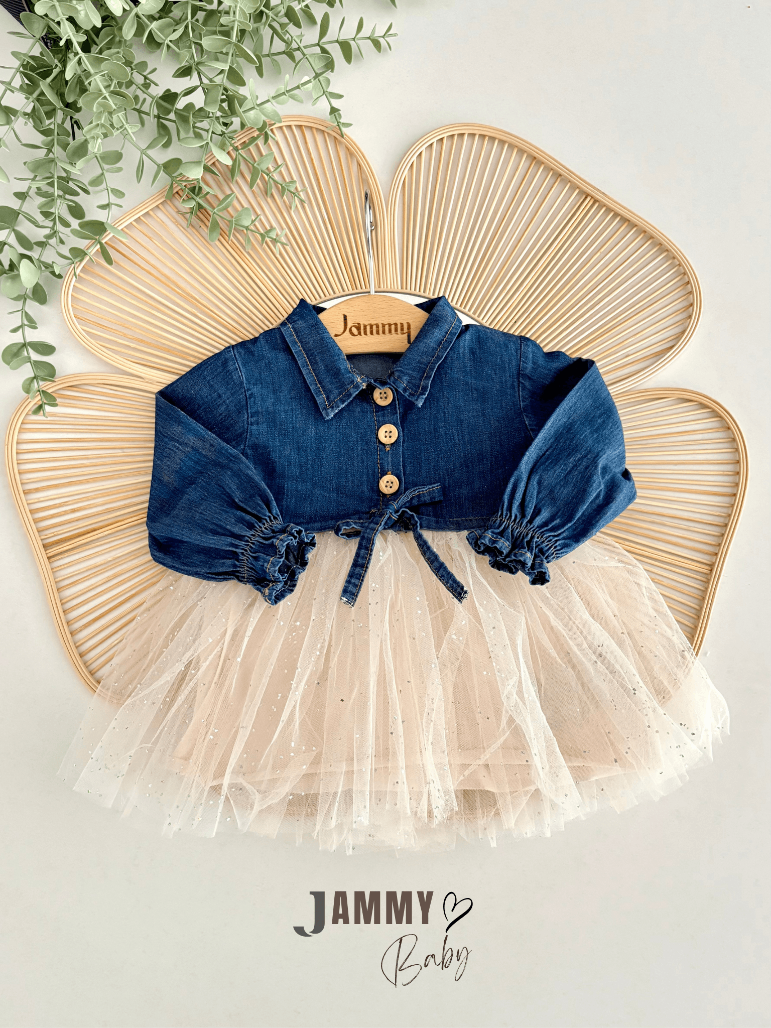 Star Tütülü Denim Elbise-KREM