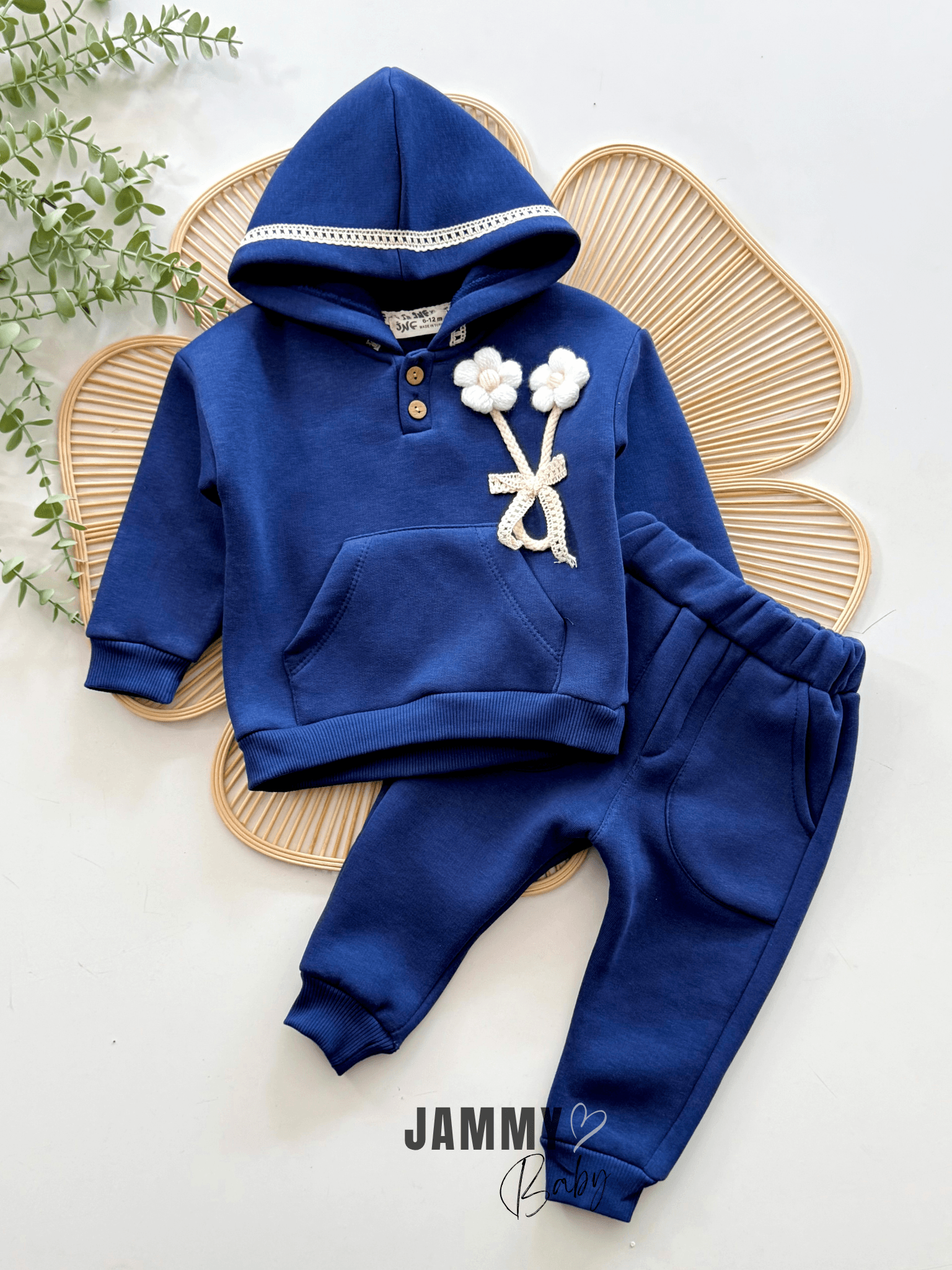 Örme Papatyalı Dantel Detaylı Şardonlu Sweat Takım-LACİVERT