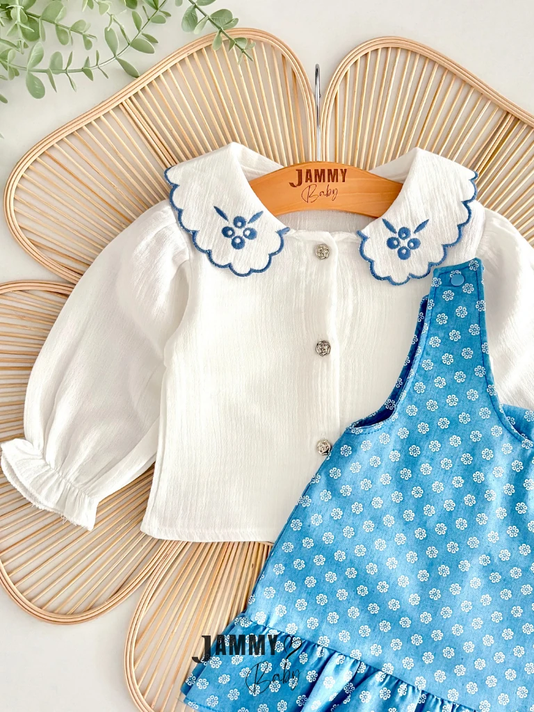 Çan Çiçeği Nakışlı Gömlek Jile Elbise Set-MAVİ