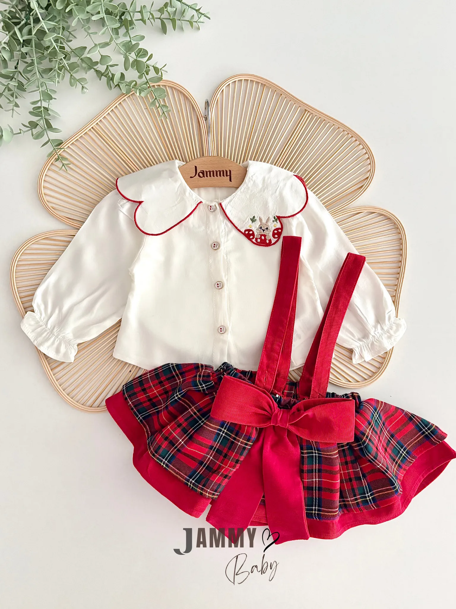 Gabriella Ekose Romper Elbise / Tavşan İşleme Yakalı Gömlek Set-KIRMIZI