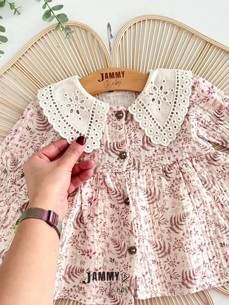 Dantel Yaka Çiçekli Düğmeli Elbise-MOR