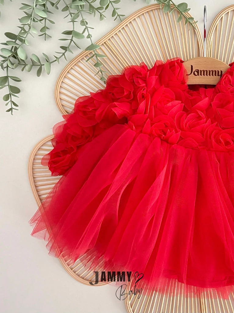 Celia Gül Detaylı Tütülü Elbise-KIRMIZI