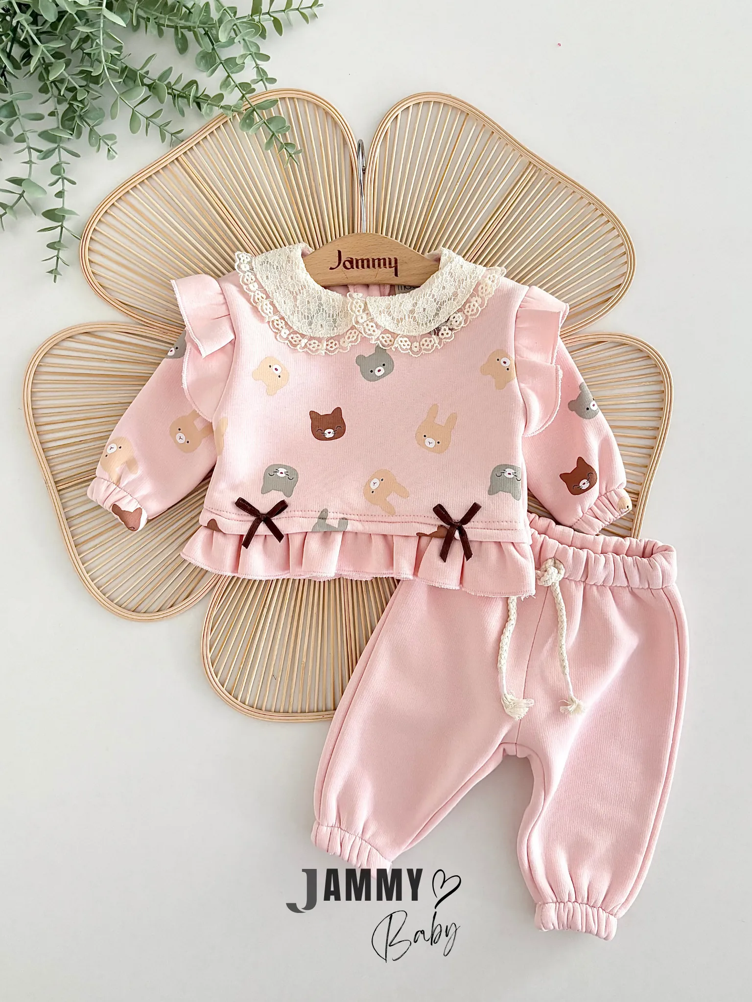 Cute Animals Dantel Yakalı Şardonlu Takım-PEMBE