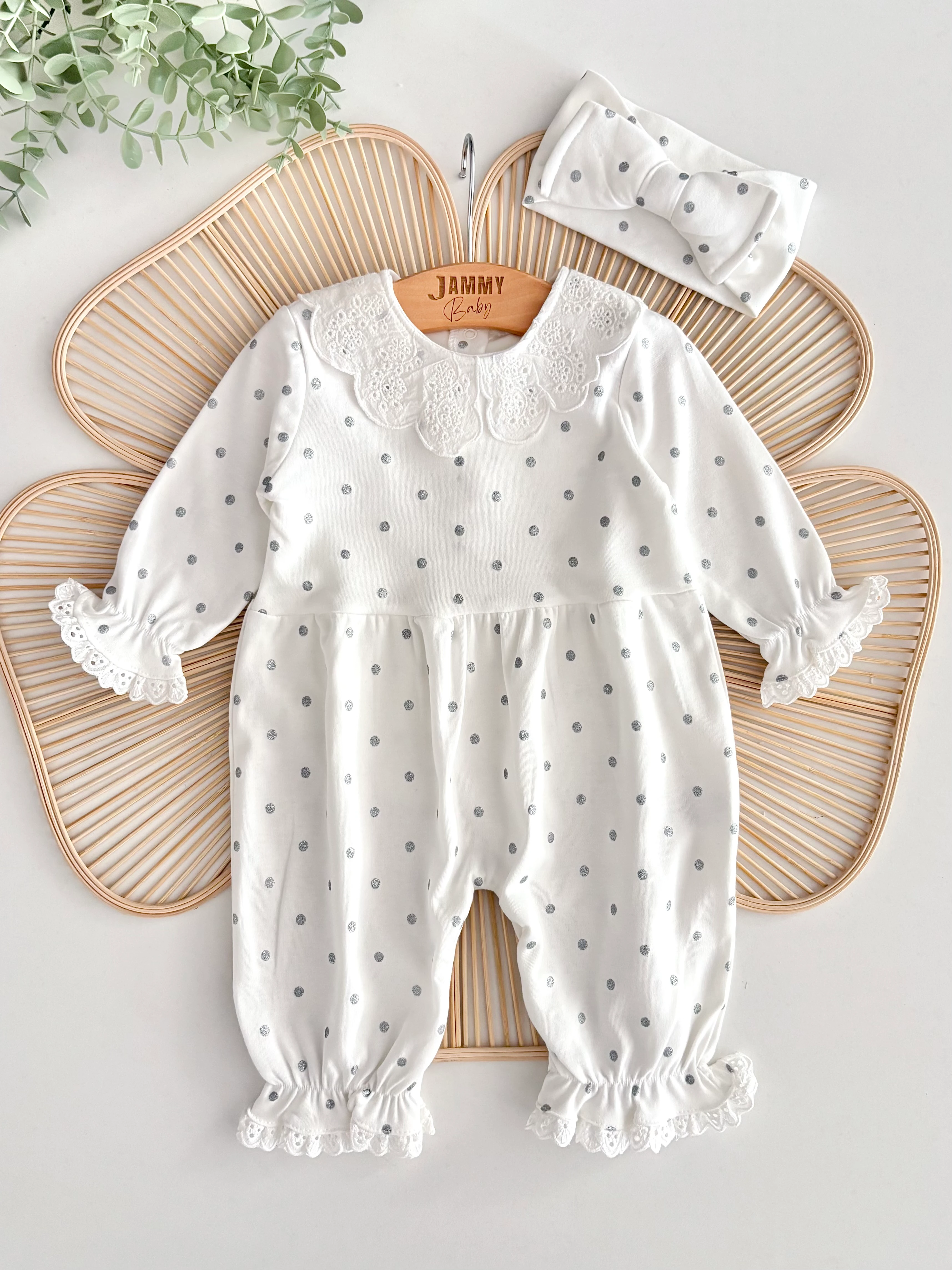 Mais Dantel Yakalı Gümüş Puantiyeli Bandanalı Tulum Set-EKRU