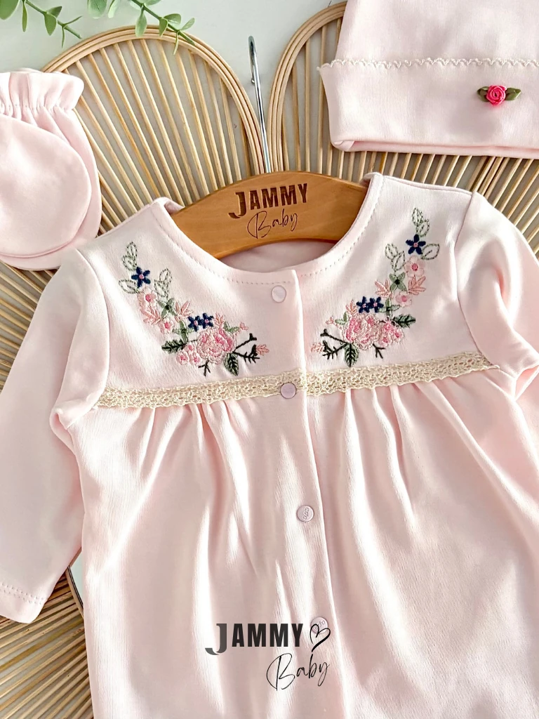 Çiçek Nakışlı Şapkalı Tulum Set-PEMBE