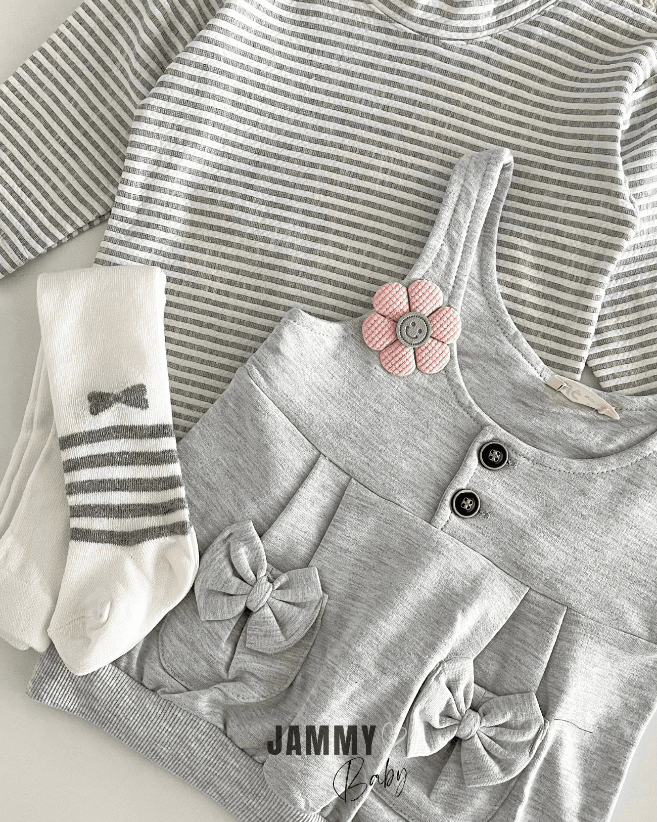 Papatyalı Fiyonk Cepli Elbise / Body ve Çorap Set-GRİ