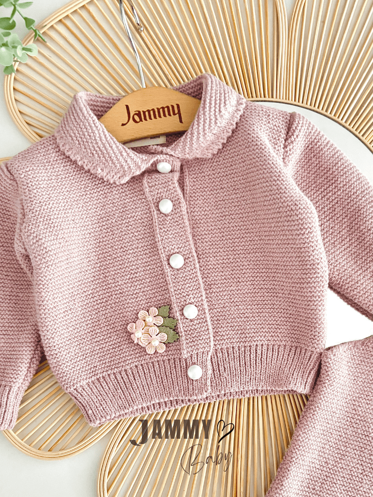 İncili Çiçek Detaylı Triko Hırka / Triko Salopet Set-SOFT LİLA