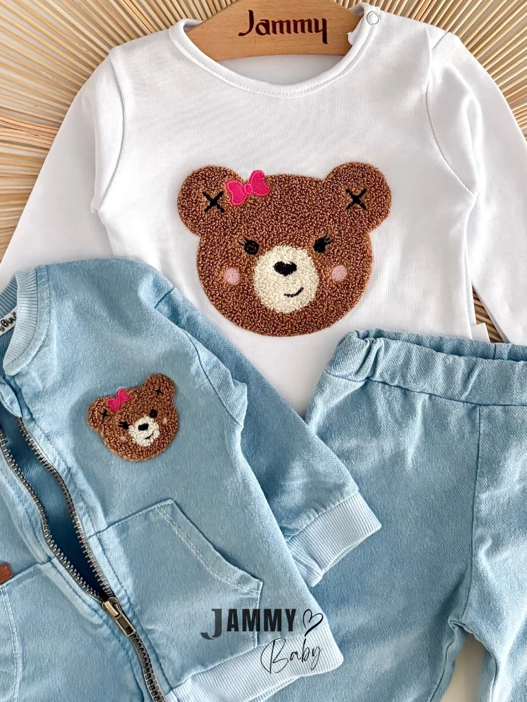 Fancy Bear Punch İşlemeli 3'lü Kot Takım-MAVİ