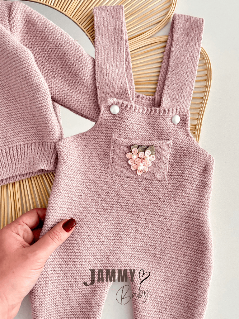 İncili Çiçek Detaylı Triko Hırka / Triko Salopet Set-SOFT LİLA