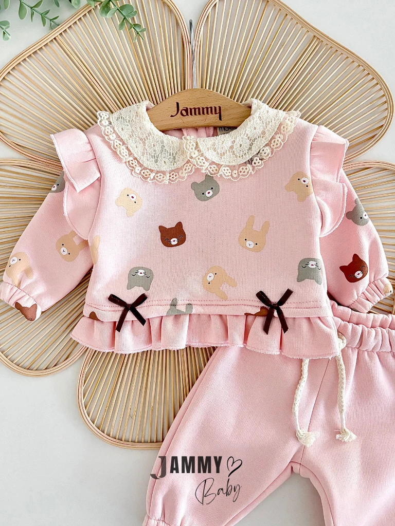 Cute Animals Dantel Yakalı Şardonlu Takım-PEMBE