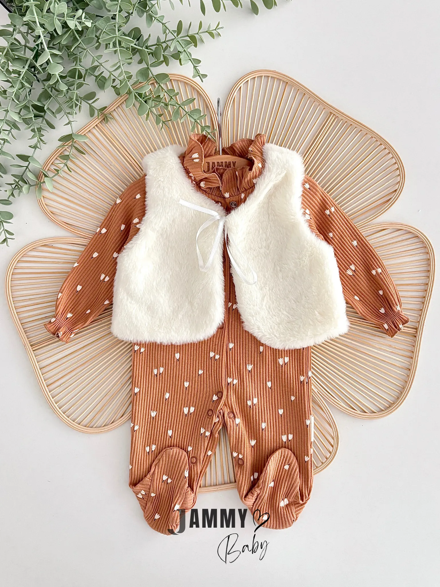 Lale Desenli Dik Yaka Kaşkorse Tulum / Peluş Yelek-KAHVERENGİ