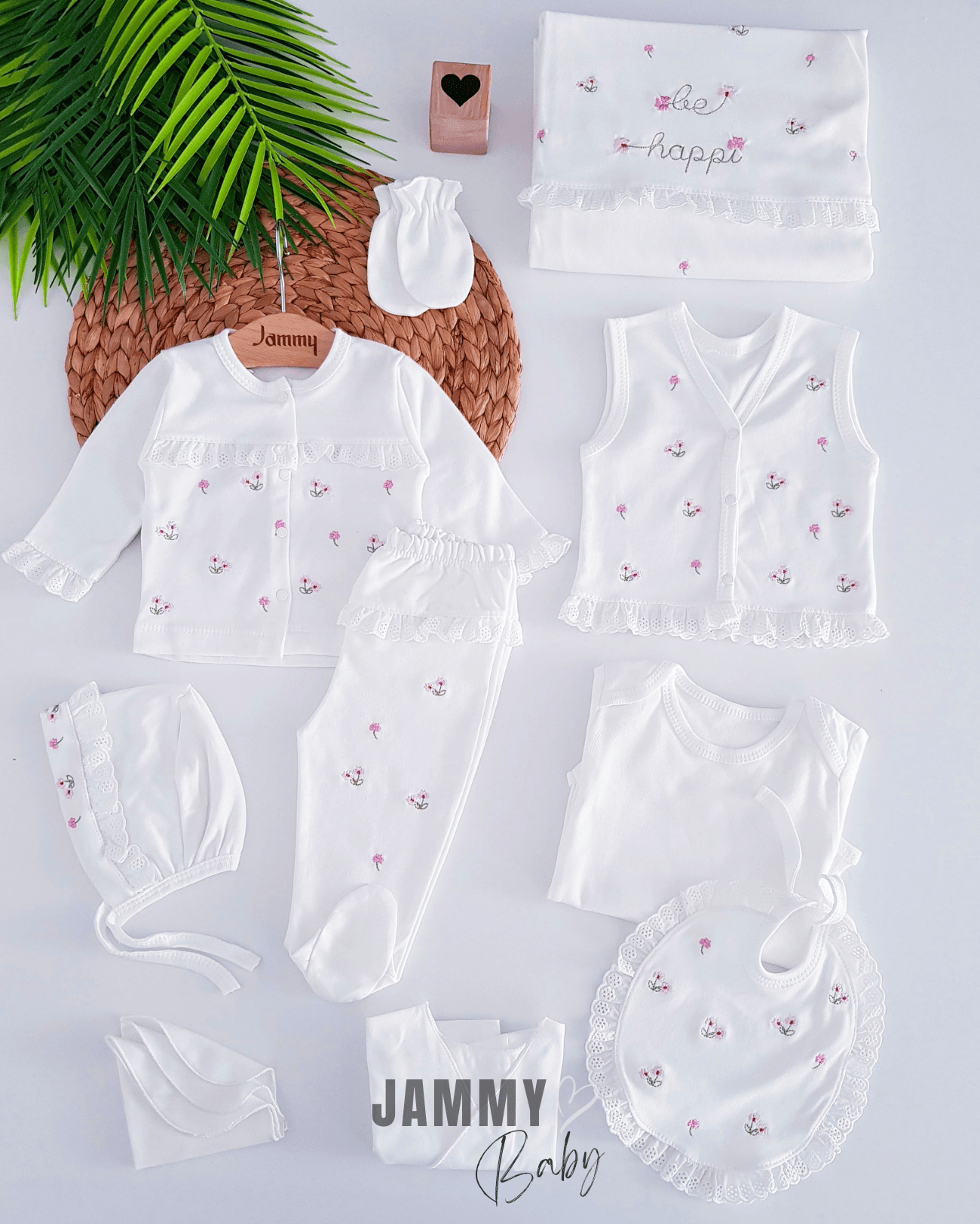 Çıtır Çiçek Nakış / Dantelli 10 Parça Yenidoğan Set-BEYAZ