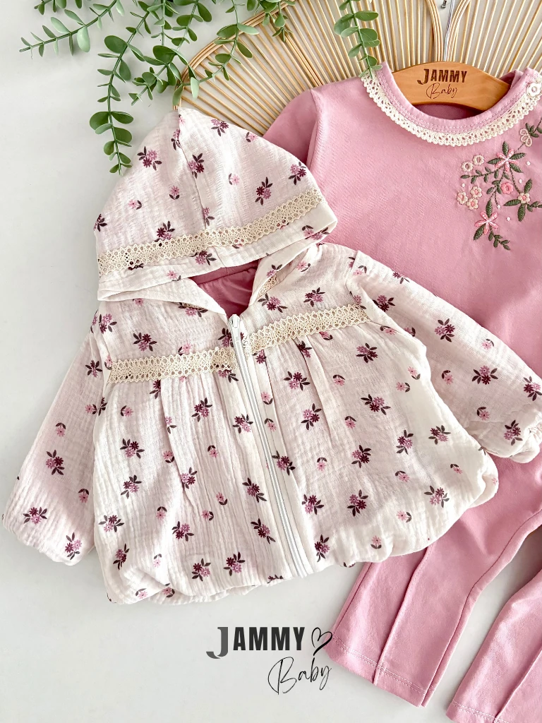 Müslin Hırkalı Çiçek Desenli 3'lü Takım- GÜL KURUSU