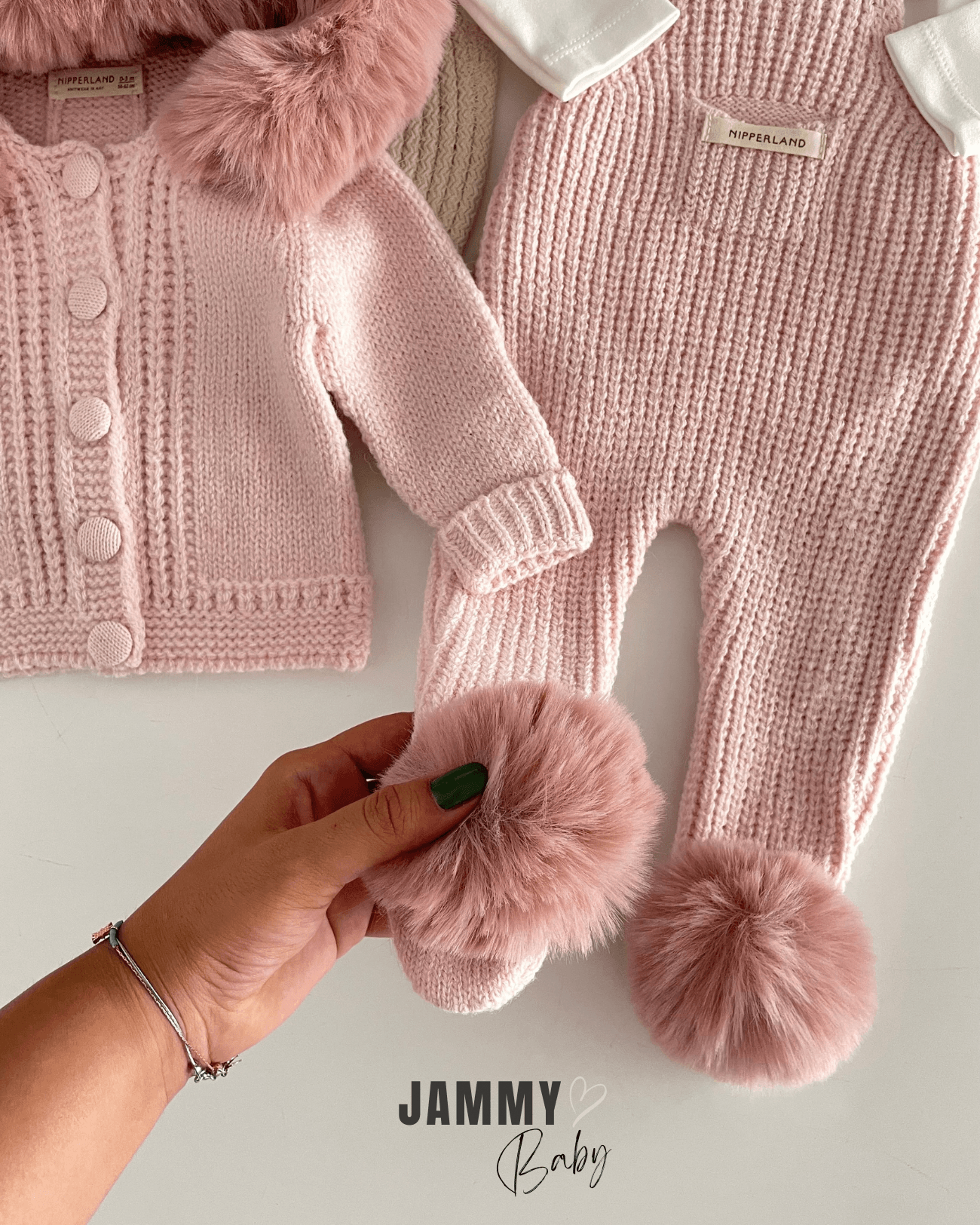 Selanik Örgülü Luxury Collection Kürk Kapüşonlu Triko Hırka / Salopet Set-PUDRA