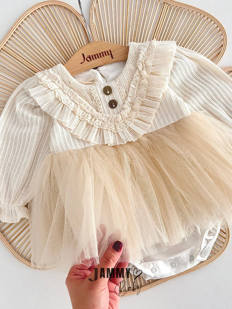 Mery Tütü Detaylı Romper Elbise-KREM