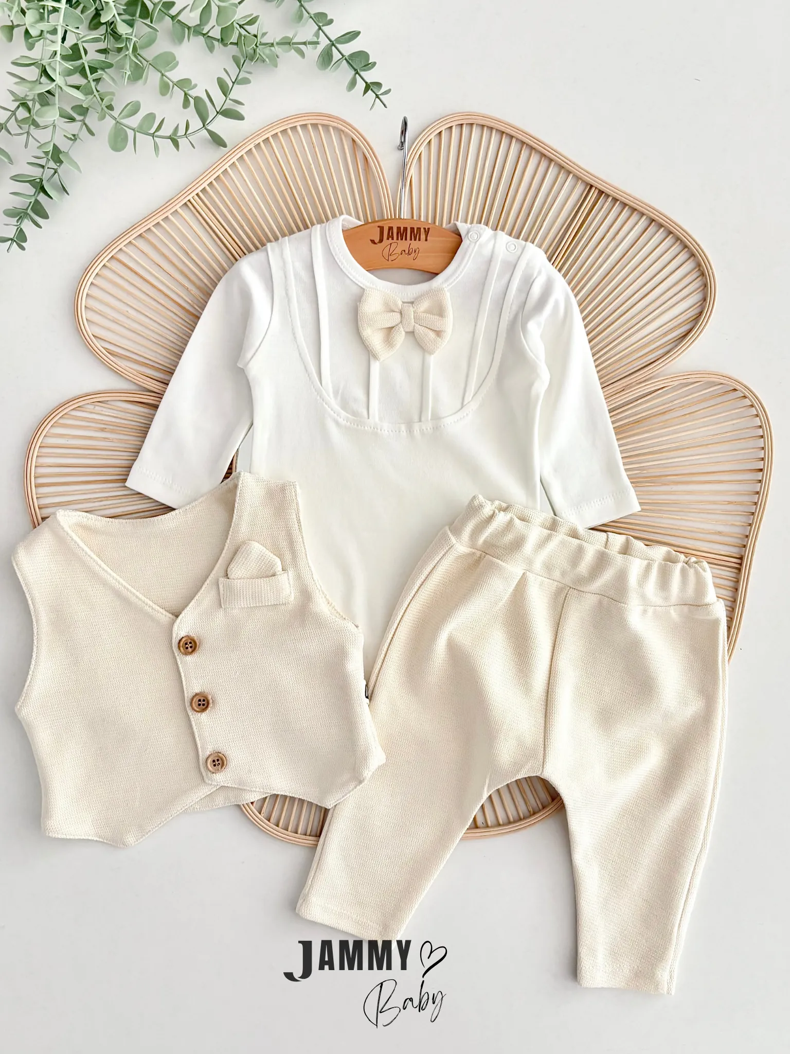Adrian Yelekli 3 Parça Bebek Takım-KREM