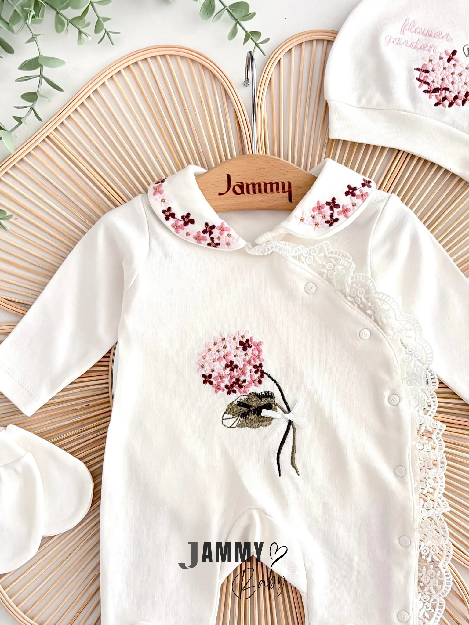 Ortanca Nakışlı Şapkalı Tulum Set-EKRU