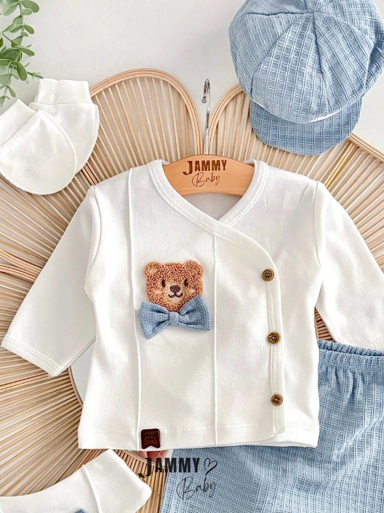 Süzene Ayıcık Kasketli 5 Parça Yenidoğan Set-MAVİ