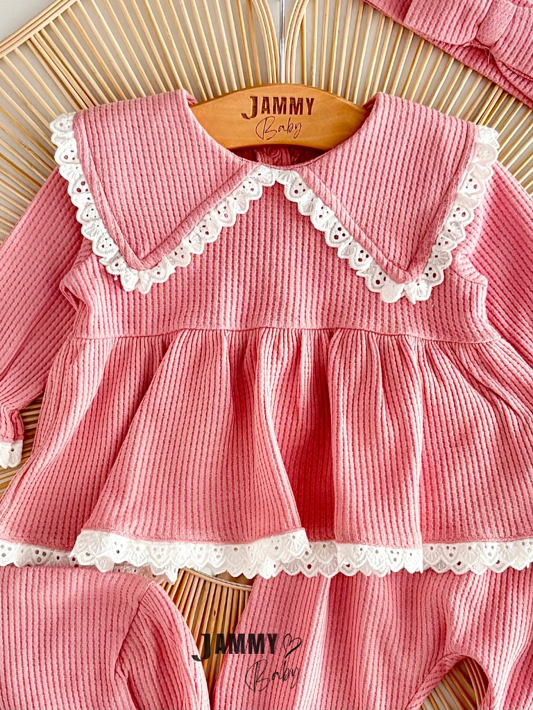 Üçgen Yaka Fistolu 4 Parça Waffle Takım-GÜLKURUSU