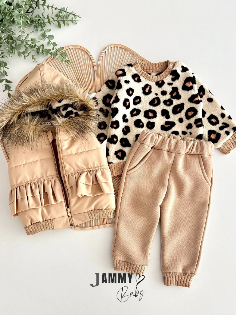 Pamela Leopar Şişme Yelekli 3'lü Takım-SÜTLÜ KAHVE
