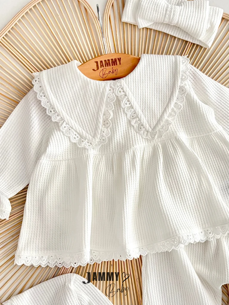 Üçgen Yaka Fistolu 4 Parça Waffle Takım-EKRU