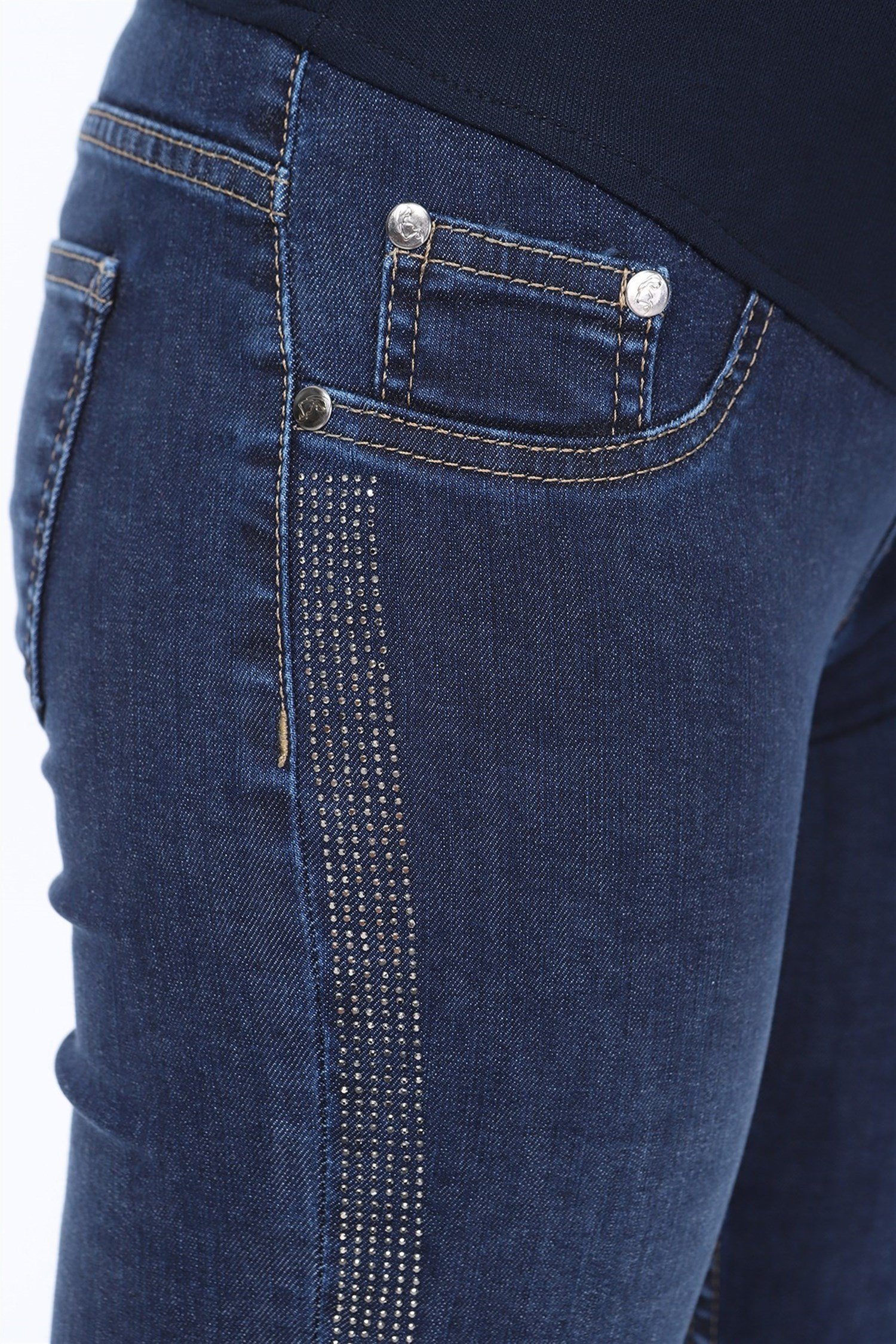 Hamile Yanları Taş Detay Kot Pantolon - LACİVERT