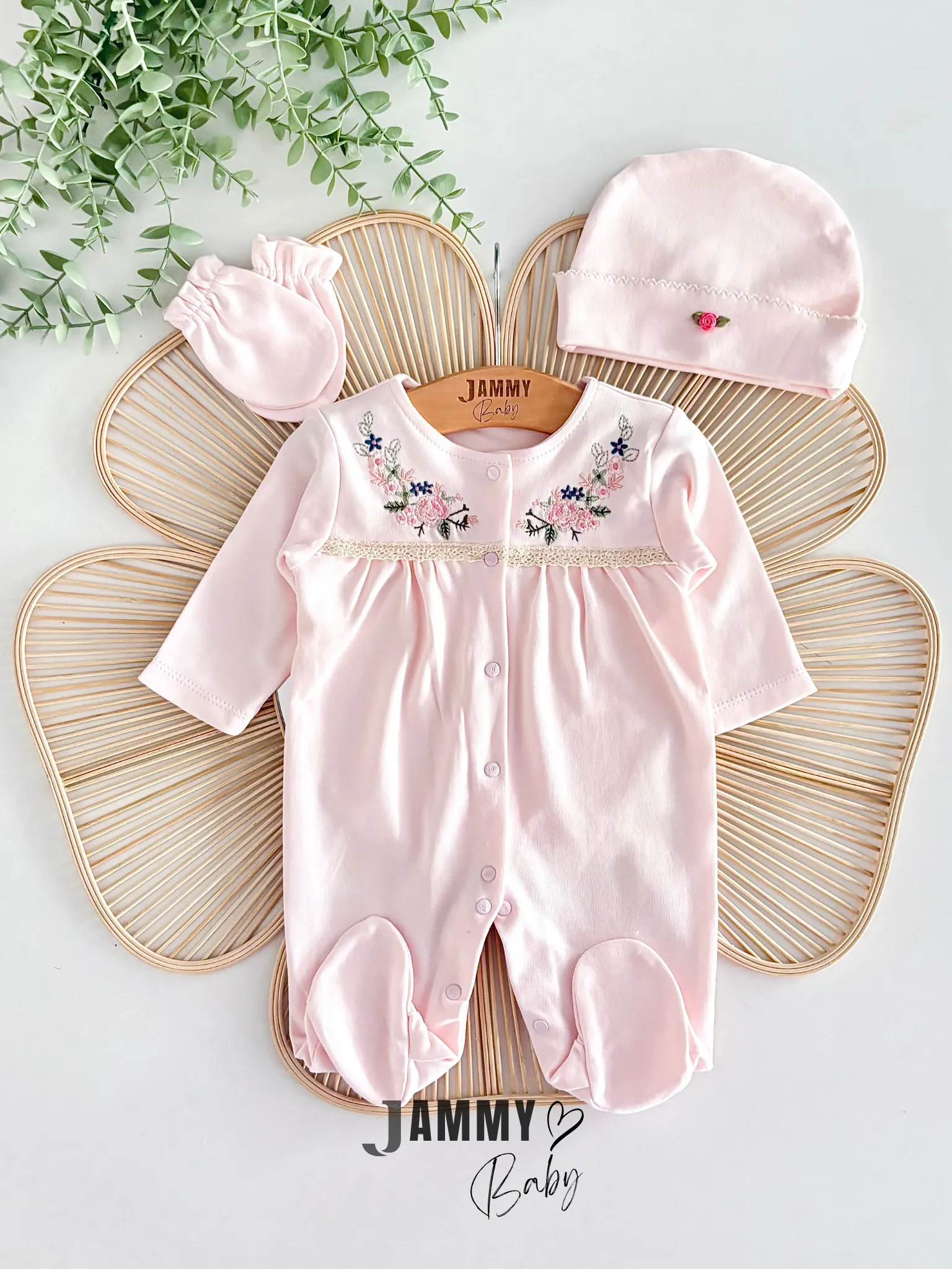 Çiçek Nakışlı Şapkalı Tulum Set-PEMBE