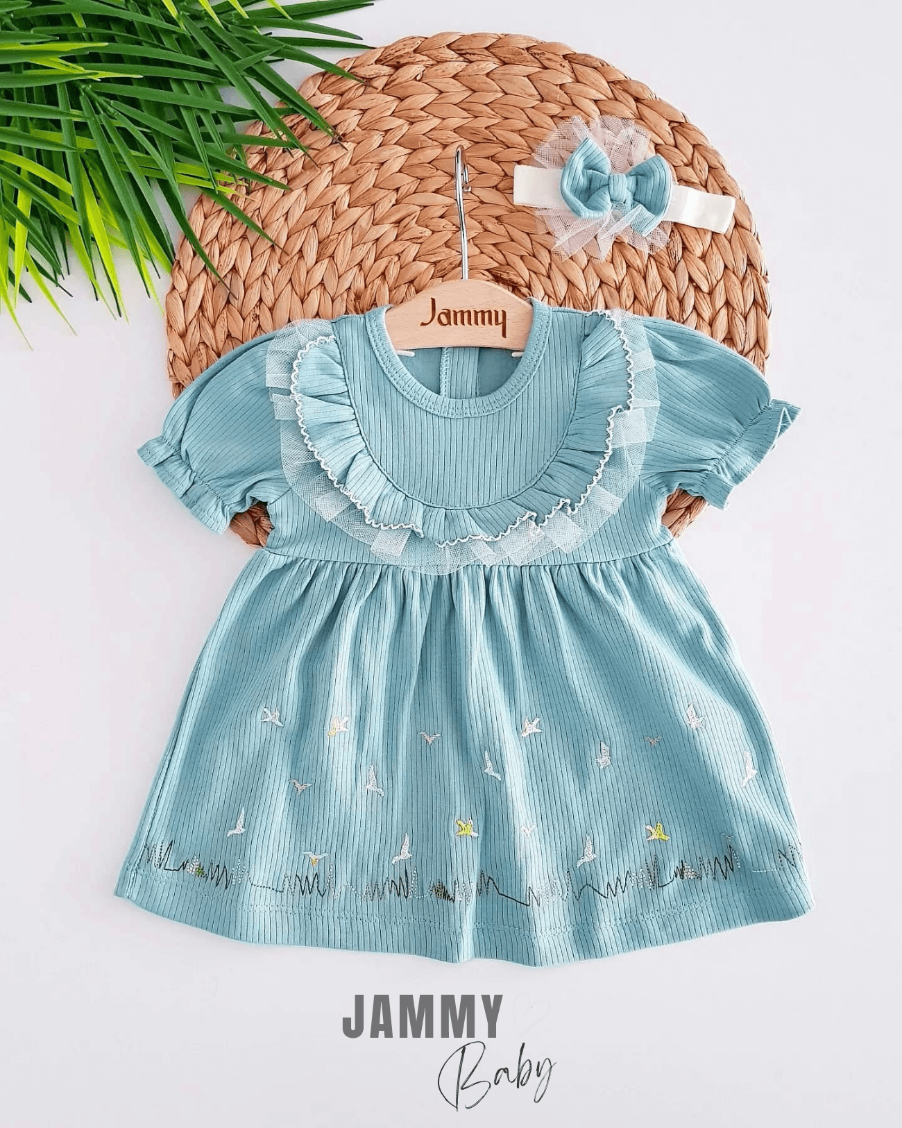Kuş Nakışlı Ribana Bandanalı Elbise Set-YEŞİL