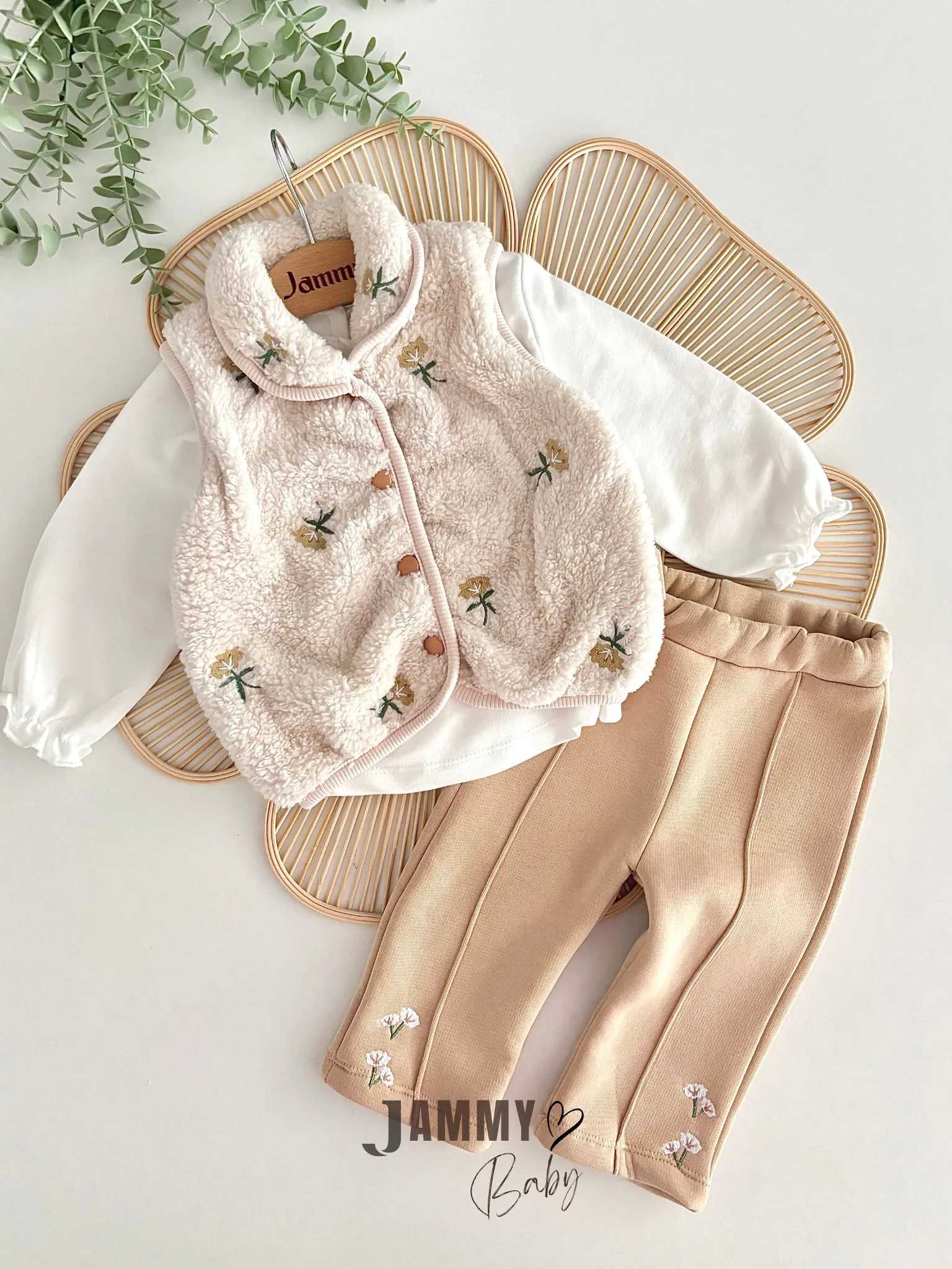 Flower Peluş Yelekli 3'lü Takım-BEJ