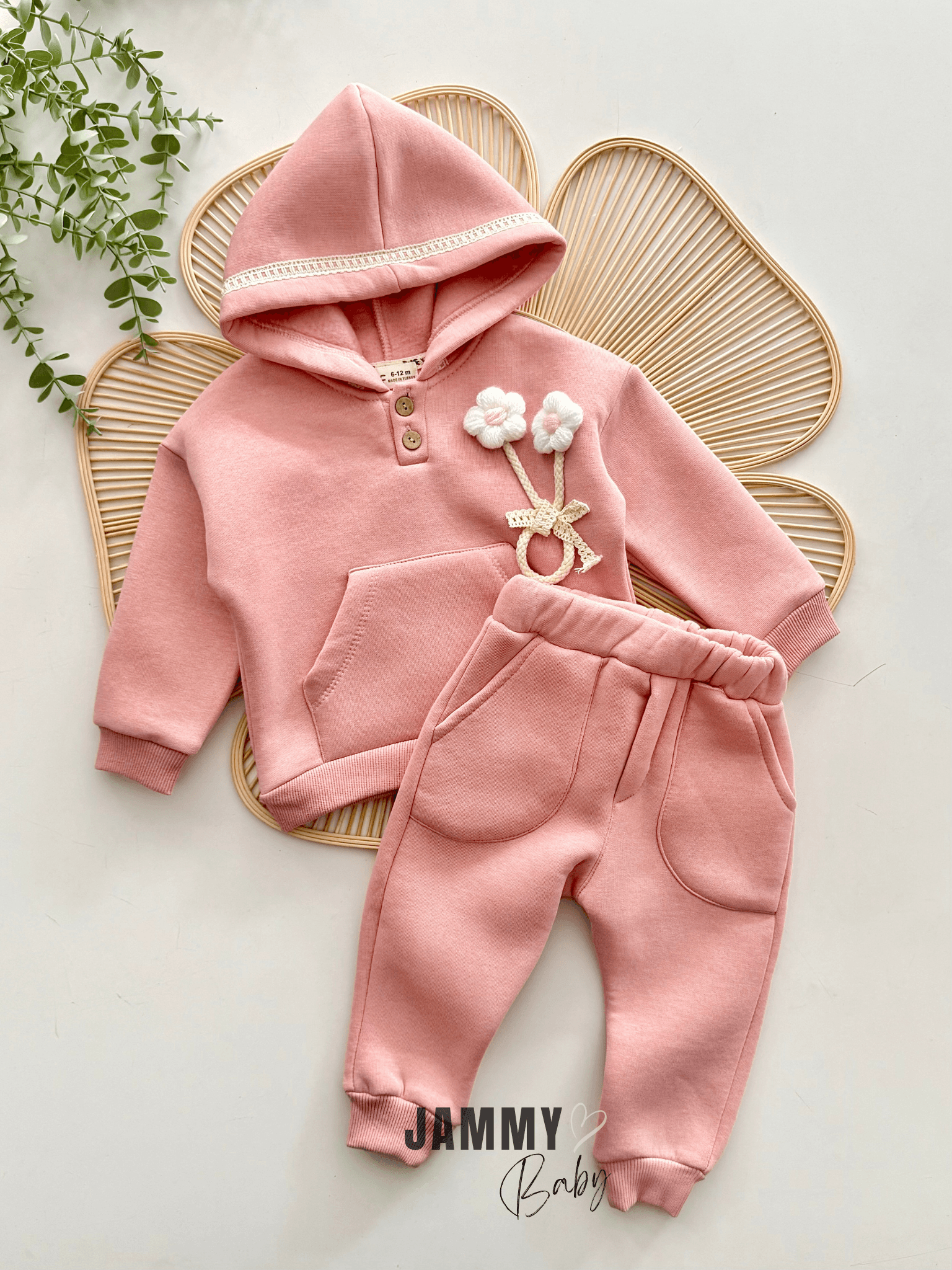 Örme Papatyalı Dantel Detaylı Şardonlu Sweat Takım-PUDRA