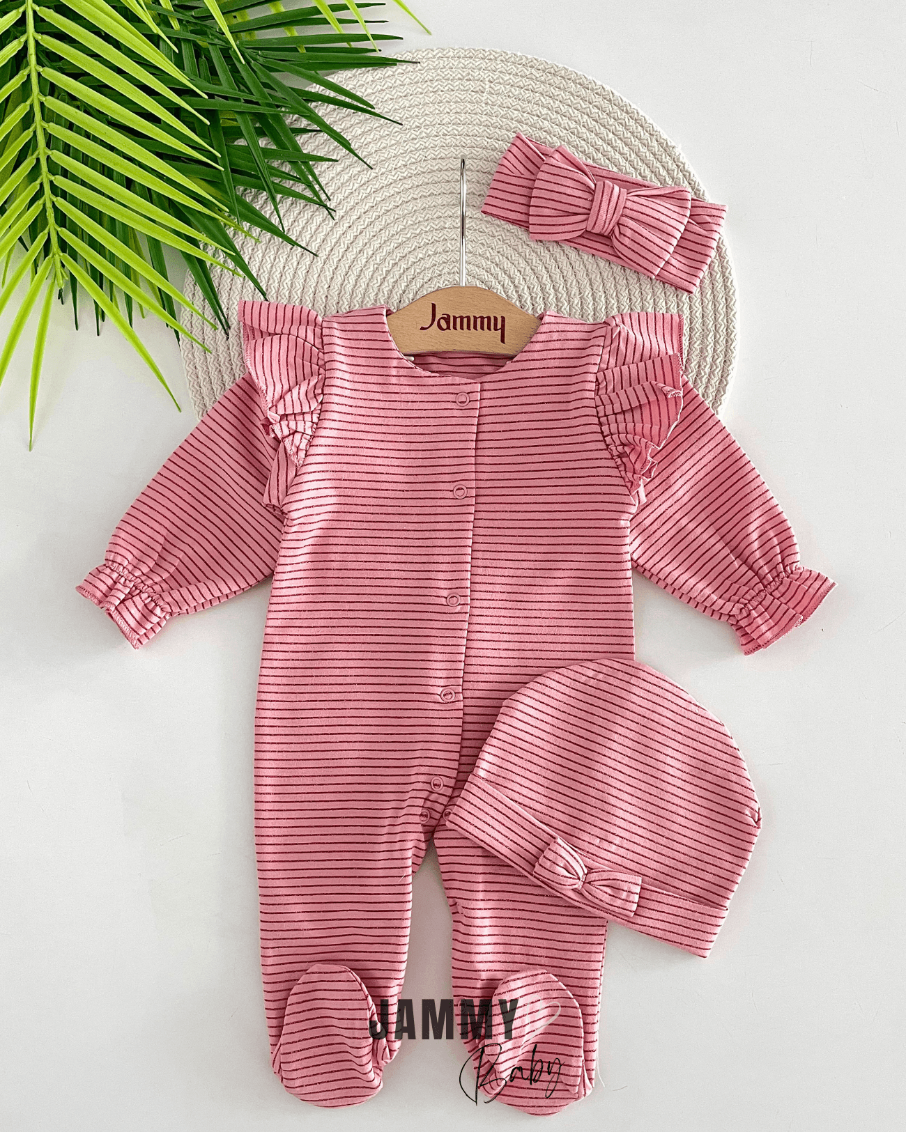 Simli Çizgili Fiyonk Bandana / Şapka 3'lü Tulum Set-GÜL KURUSU