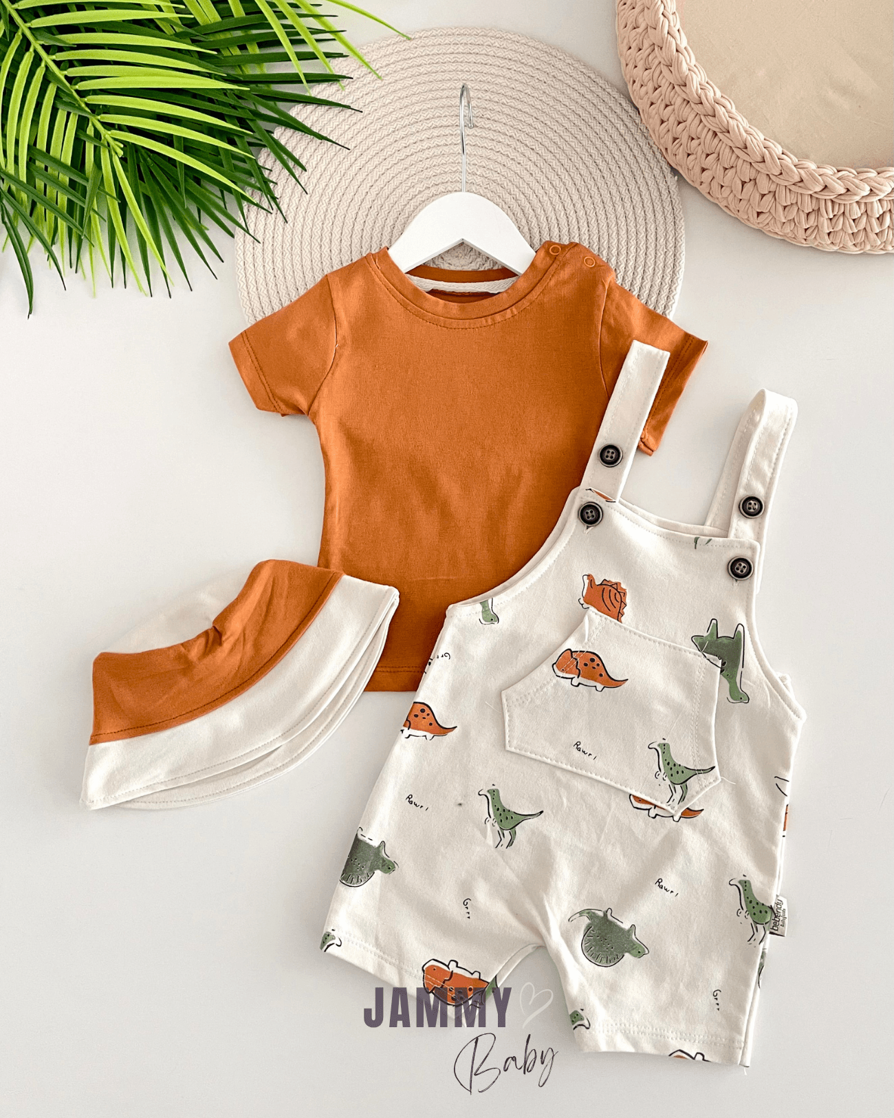 Dino Bucket Şapkalı Salopet / Body Set- KİREMİT KAHVE