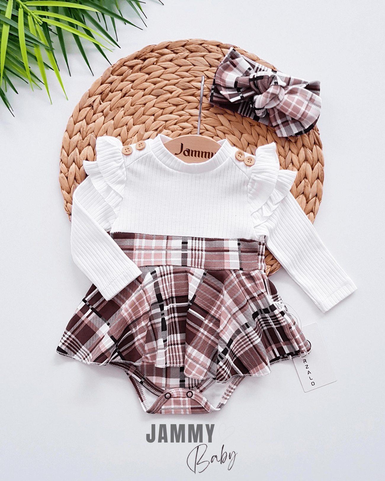 Ekose Desen Omuz Fırfırlı Bandanalı Bodysuit Elbise Set-EKRU