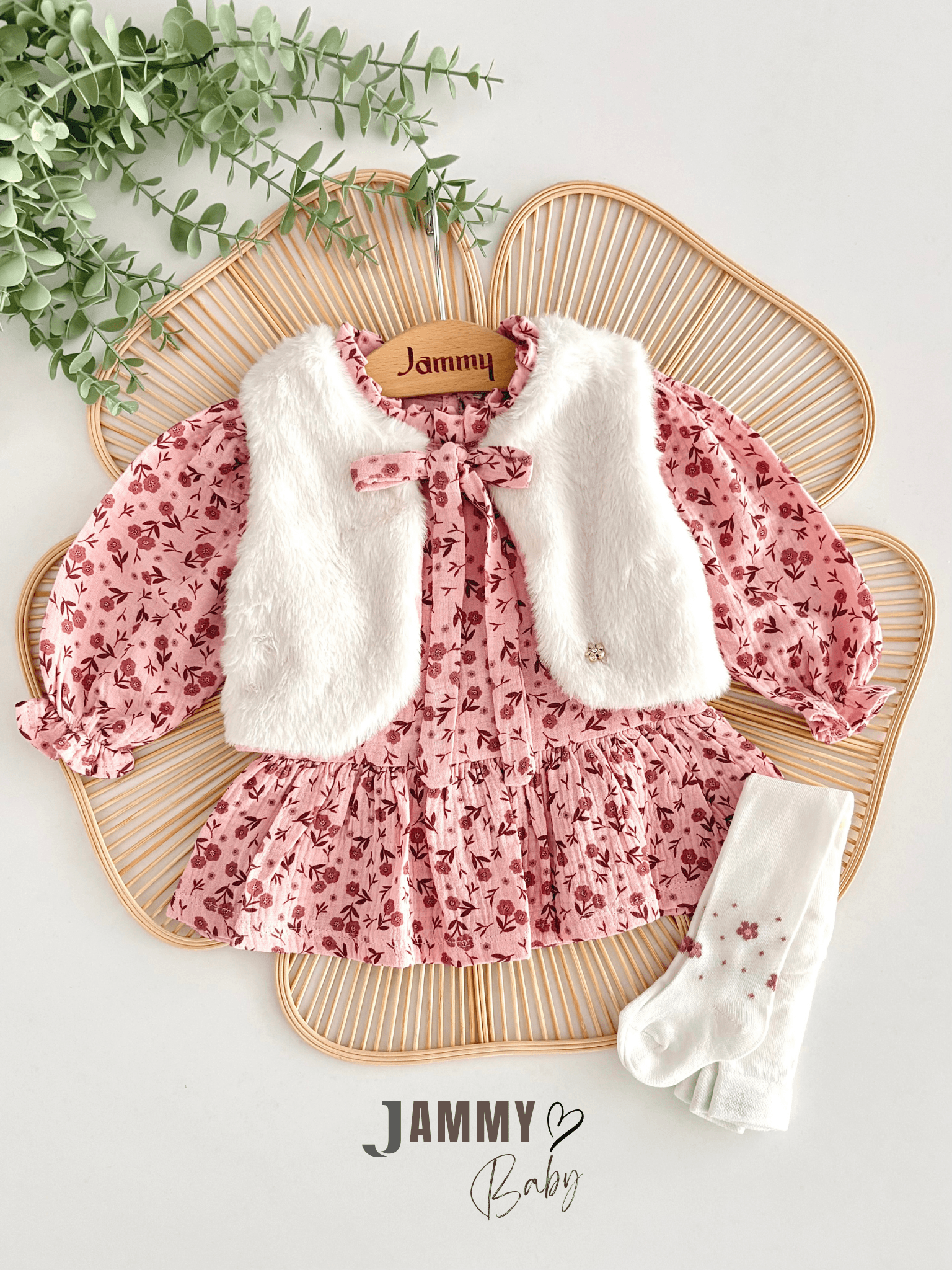Çıtır Müslin Elbise Peluş Yelekli Çoraplı 3'lü Set-GÜL KURUSU