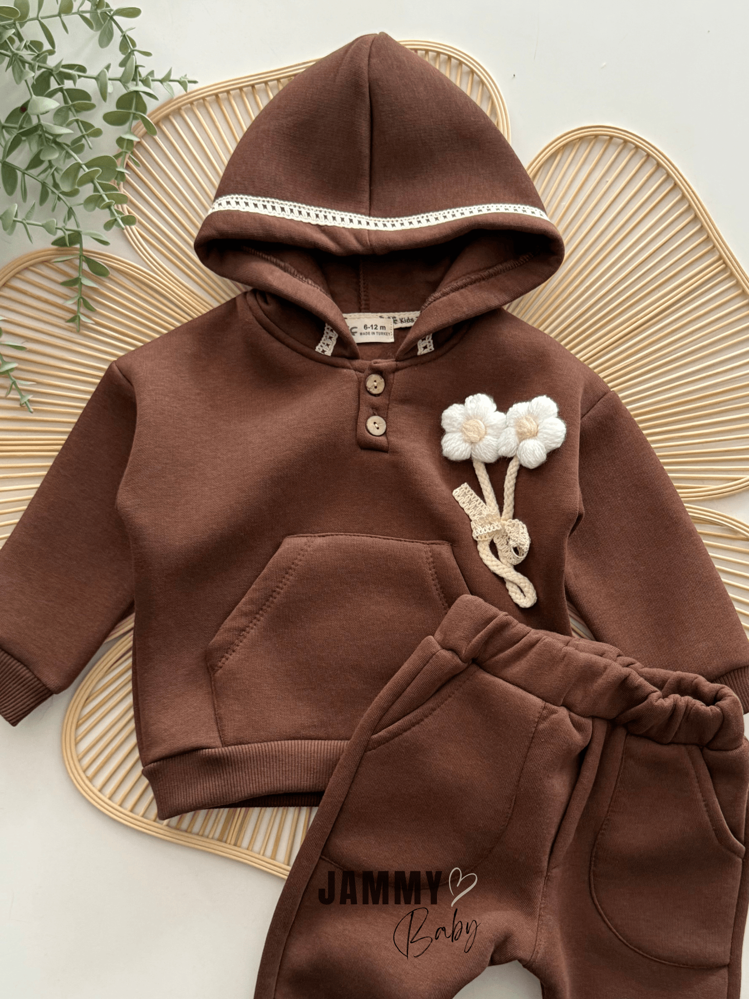 Örme Papatyalı Dantel Detaylı Şardonlu Sweat Takım-ACI KAHVE