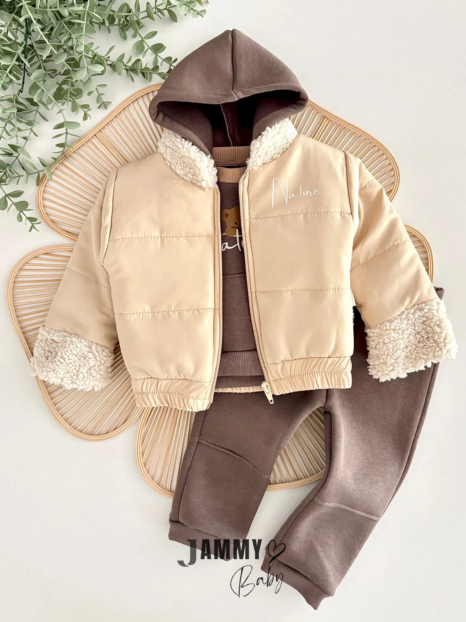 Nature Ayıcıklı Şişme Montlu Şardonlu Takım - KREM