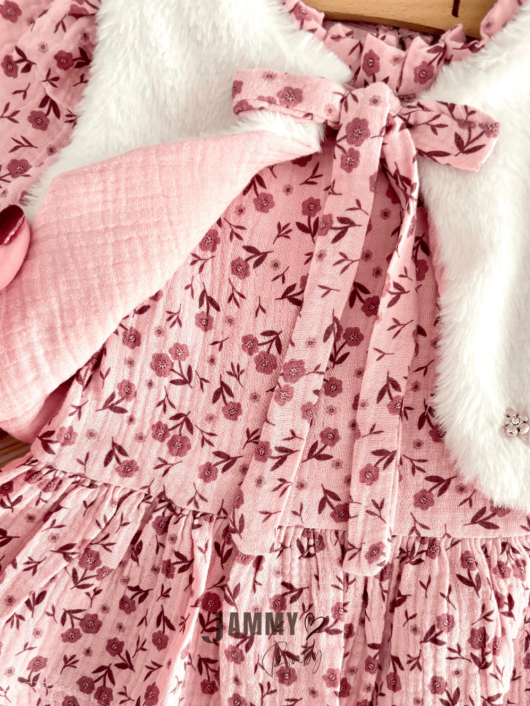 Çıtır Müslin Elbise Peluş Yelekli Çoraplı 3'lü Set-GÜL KURUSU