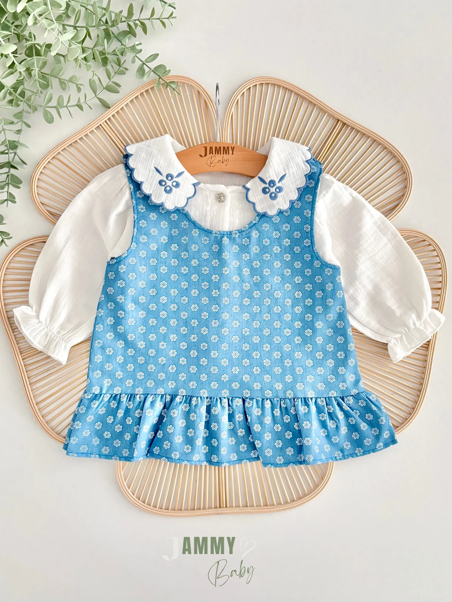 Çan Çiçeği Nakışlı Gömlek Jile Elbise Set-MAVİ