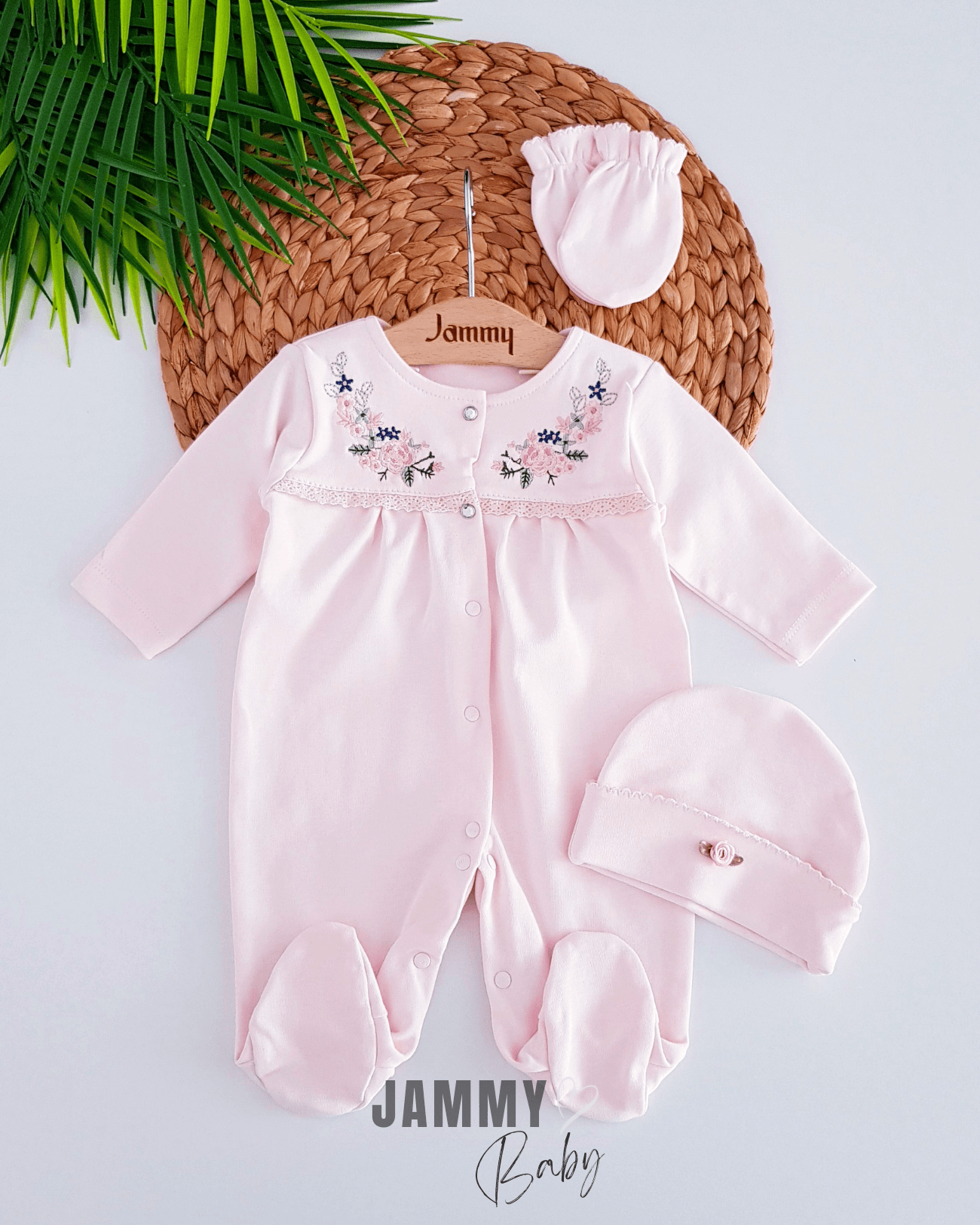 Çiçek Nakışlı Şapkalı Tulum Set-PEMBE