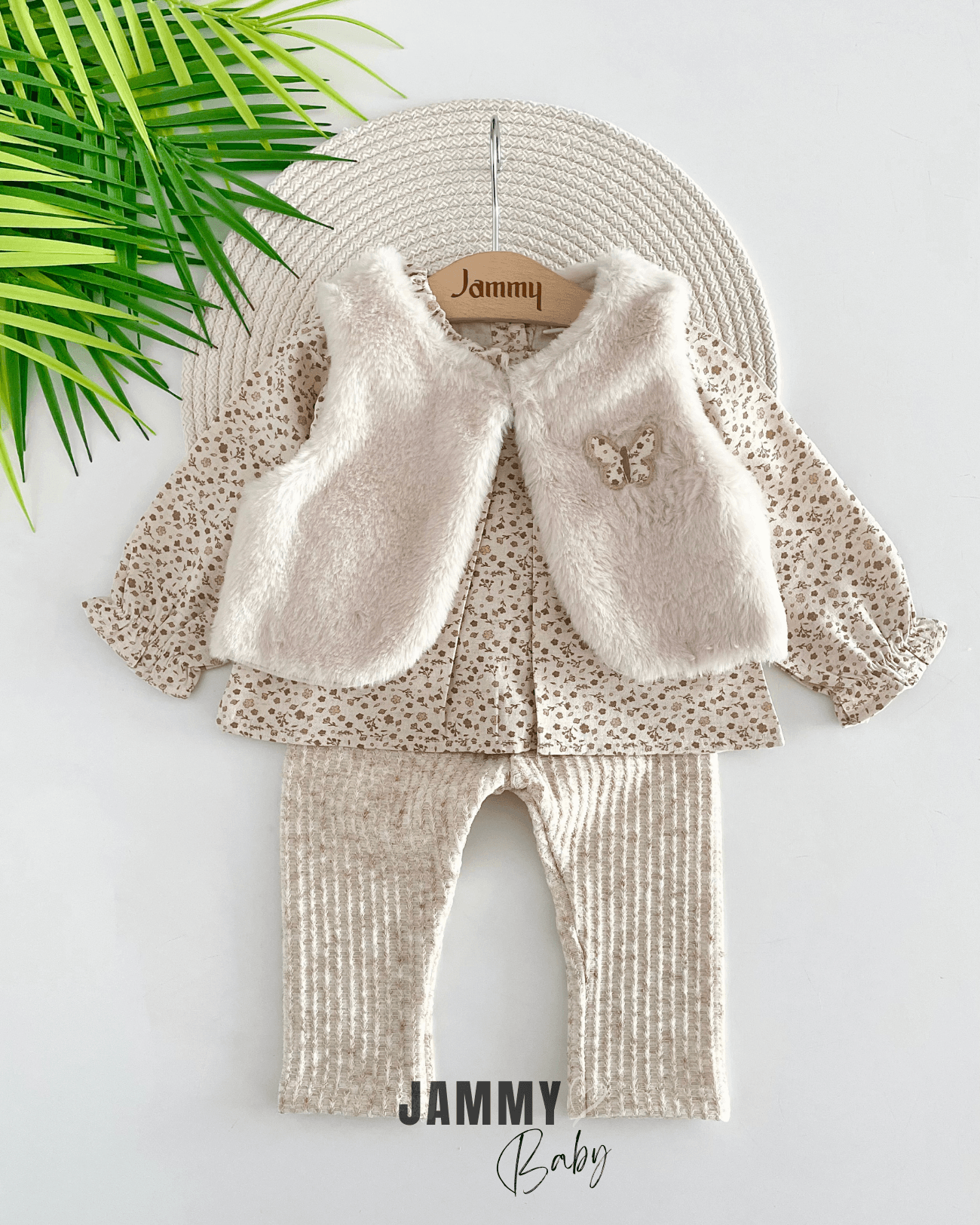 Butterfly Peluş Yelek / Minik Çiçekli 3'lü Takım-BEJ